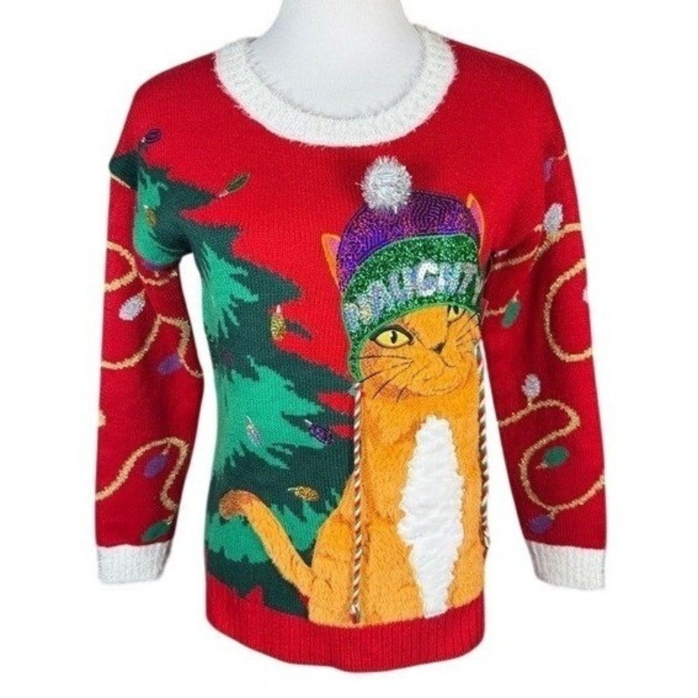 Jollidays Sweater Womens XS Ugly Christmas Red Cat Naughty Sequin Metallic NEW